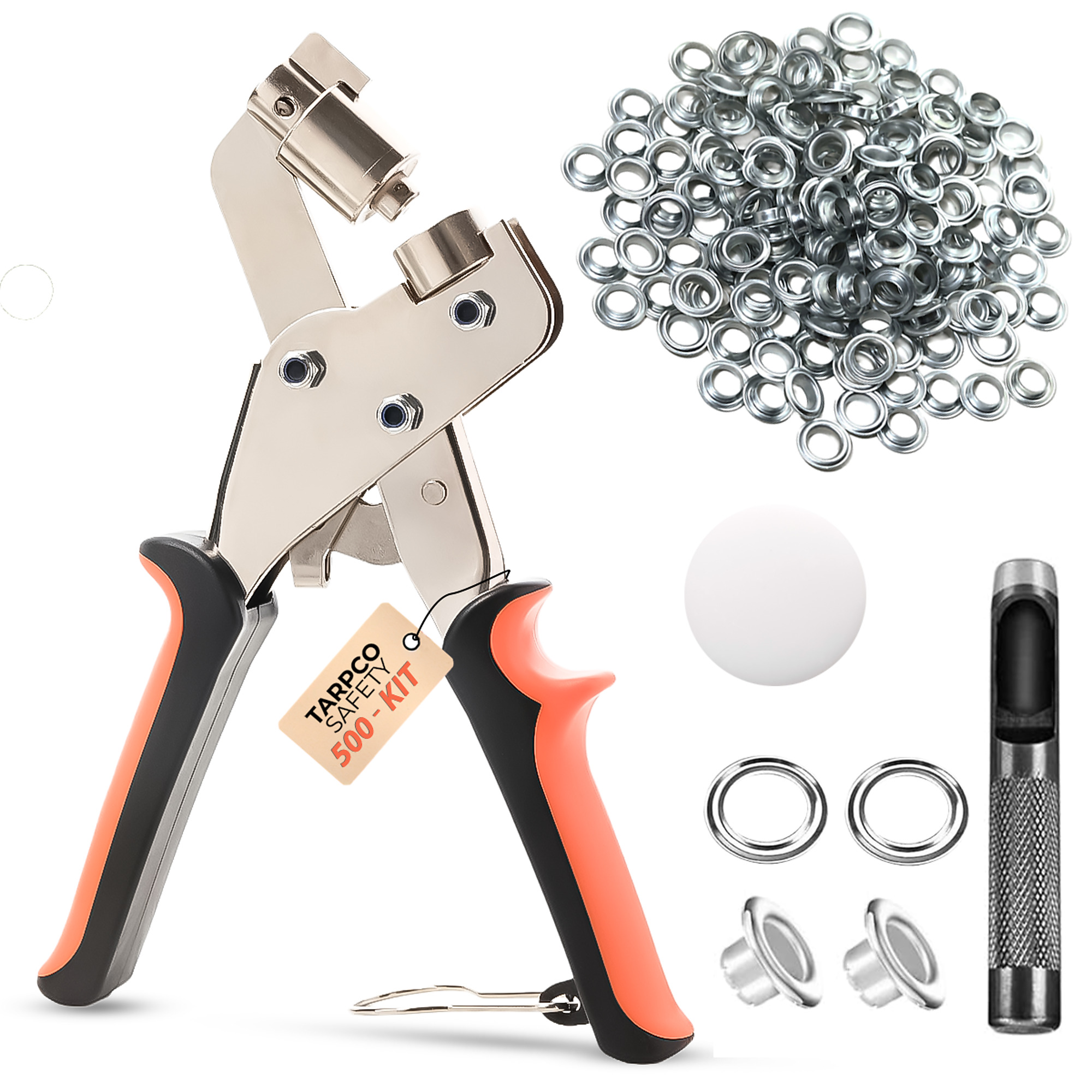 Tarpco Safety Grommet Tool Kit - 3/8 Inch Eyelet Press Pliers - 10mm Handheld Grommet Setter with 500pcs Silver Grommets for Banners, Tarps, Canvas & Fabric – Portable, Durable & Easy to Use